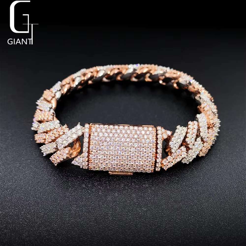 15mm Rose Gold + Silver Plated HIP HOP Jewelry 925 Sterling Silver VVS Moissanite Diamond Cuban Link Necklace Bracelet Unisex