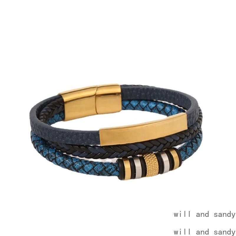 Stainless Steel Magnetic Buckle Bracelet Designer Jewelry 18k Gold Multilayer Braided Leather Stack Bracelets Bangle Cuff Wristband for Man Gift Fashi