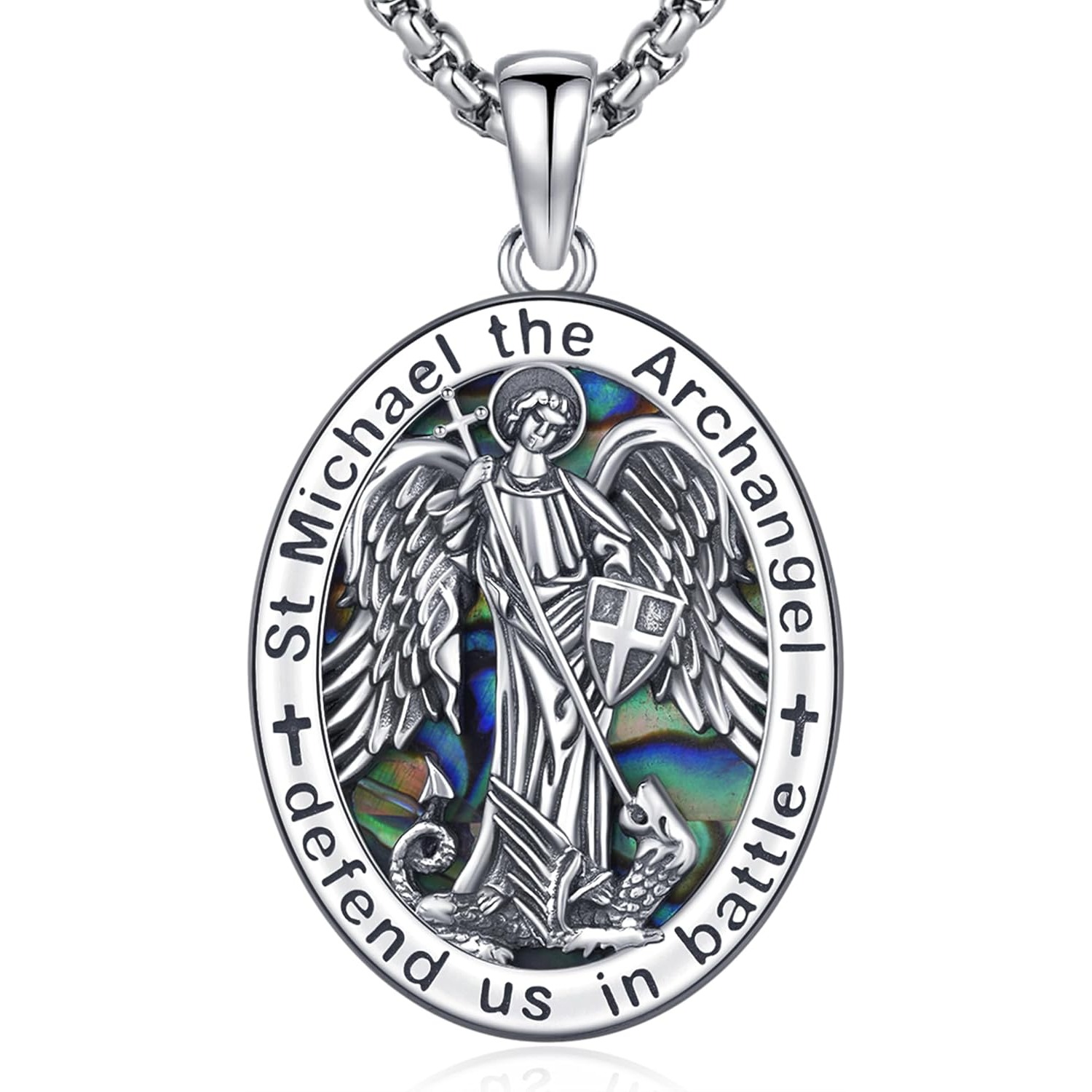 Saint Michael Necklace 925 Sterling Silver St Michael Abalone Shell Medal Pendant Amulet Jewelry Gifts for Men Women Christmas