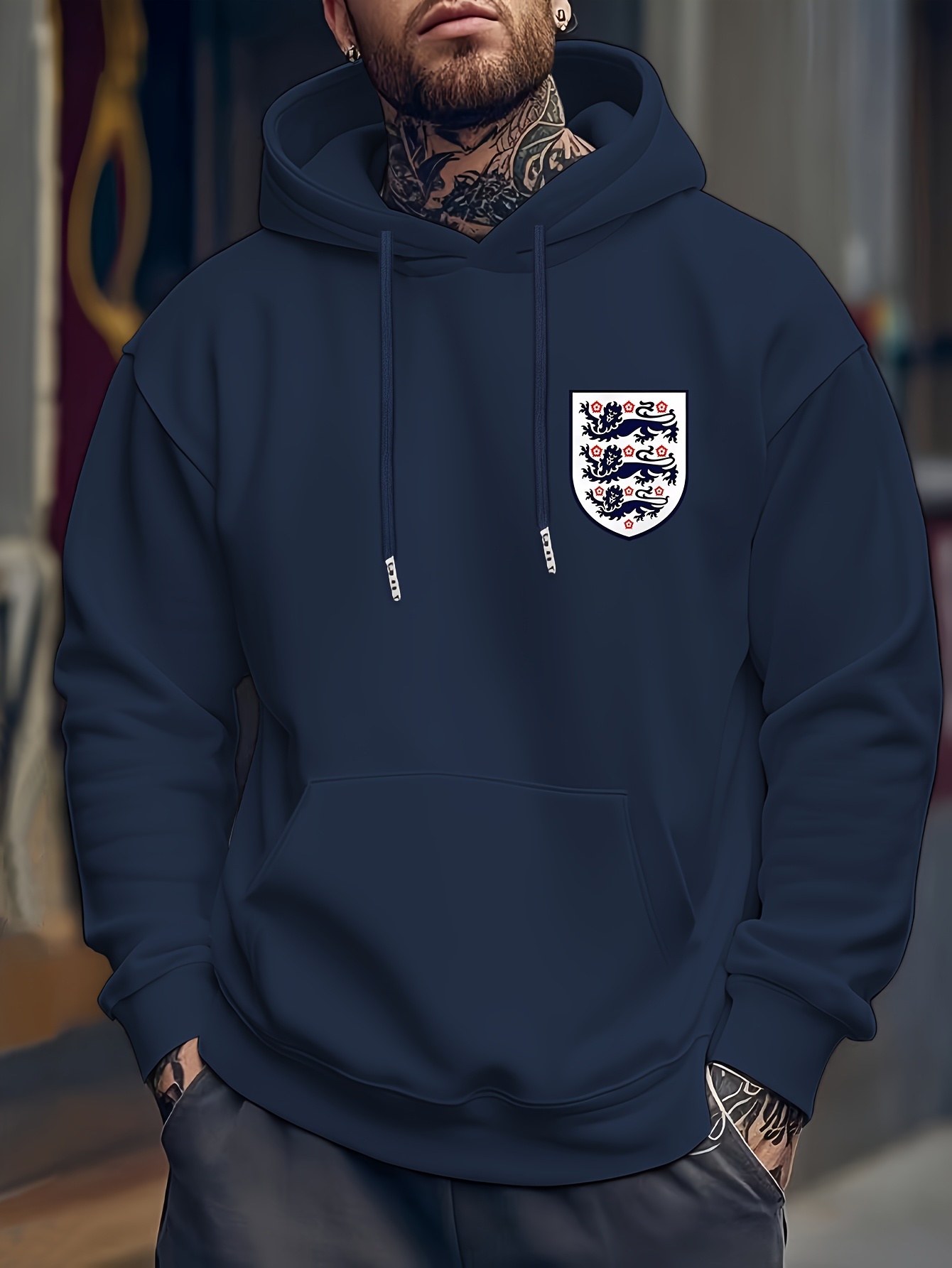 Men's Casual Hooded Sweatshirt with England Flag Print - Winter Pullover, Regular Fit Hoodie for Casual Attire, Sweater Hoodie