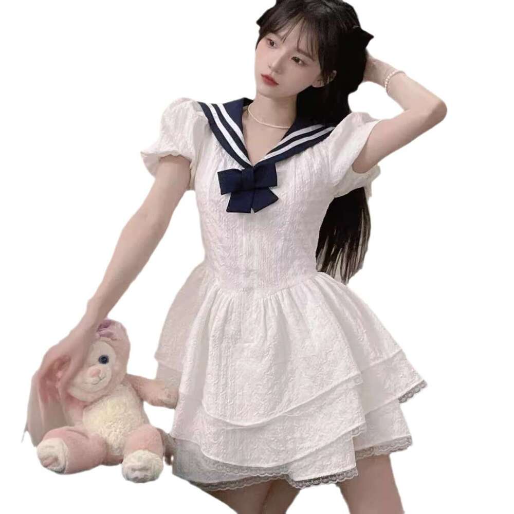 Navy Style Doll Waist-Cinching A-Line For Women Summer Hot Girl Princess Puffy Little White Dress B5