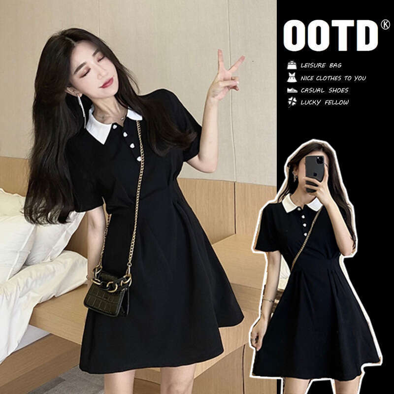 New Women's Summer French Preppy Style Little With Unique Design Black Polo Dress B5