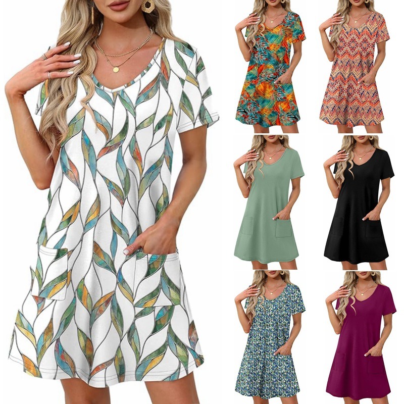 (473) V-neck Short-sleeved Printed Patch Pocket Casual Dress