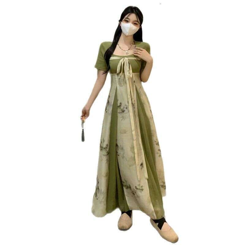 Plus Size New Chinese Style Sleeve Summer Waist Slimming Improved Long For Slightly Chubby Women With Tie Floral Dress B5