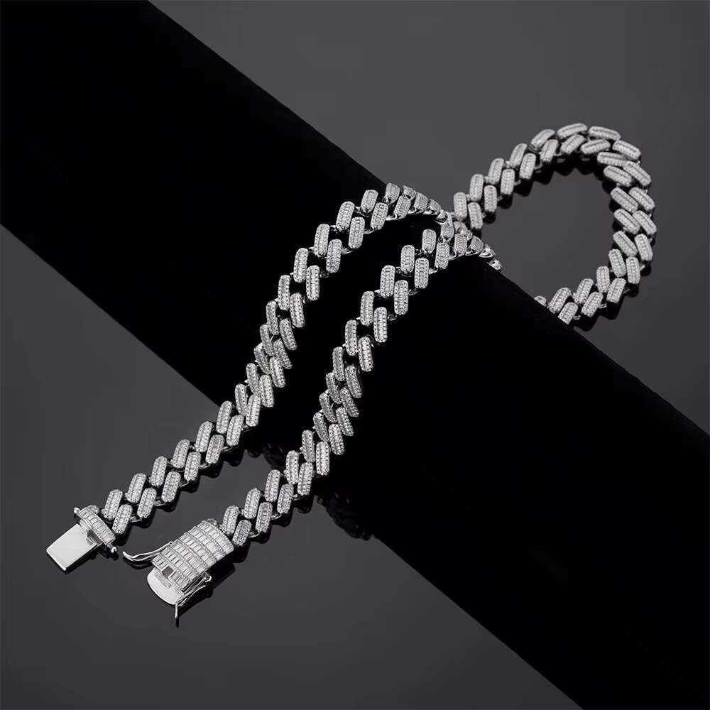 Hip Hop Iced Out 925 Sterling Silver Moissanite Cuban Chain baguette Cubic Zirconia 14k Gold Plated Cuban Link Chain for Men