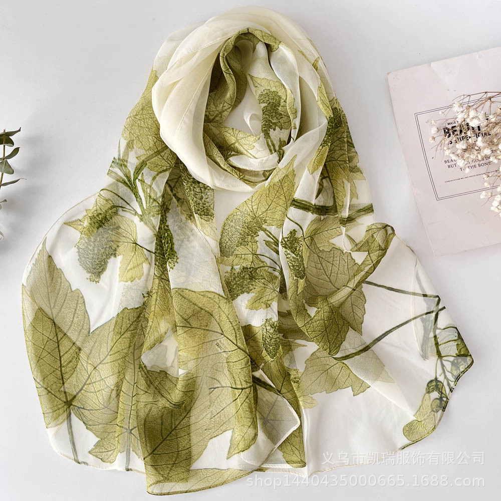 K1321 New style printed silk scarf, sycamore leaf thin style, floral style, chiffon georgette, light spring and summer sunscreen scarf for women, brea