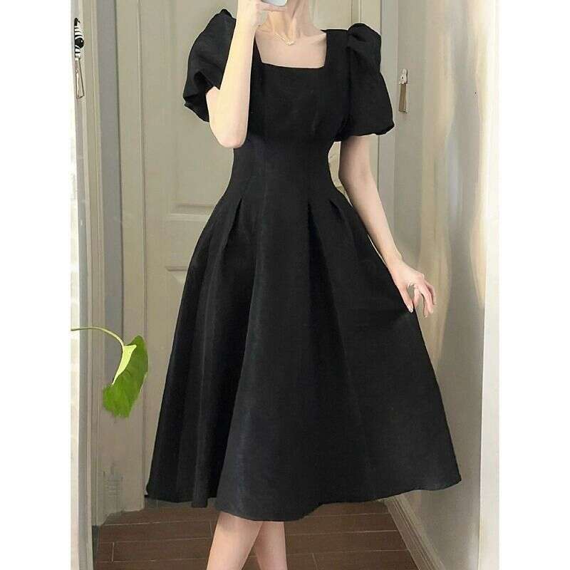 Puff For Women Summer Long New Style Petite French Waist Slimming Short Sleeve Black Dress B5