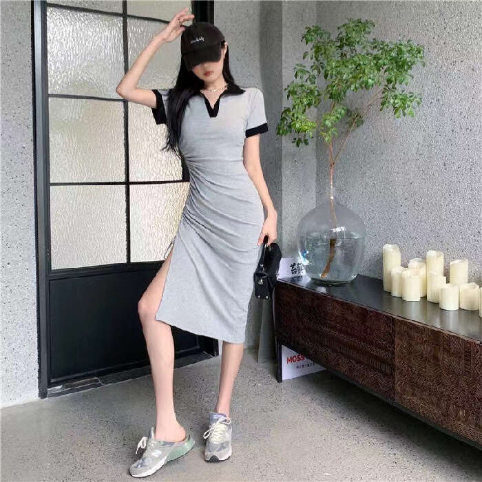 French Style Polo Collar Patchwork Color Block Slit New Slim Fit Drawstring Design One-Step Dress B5