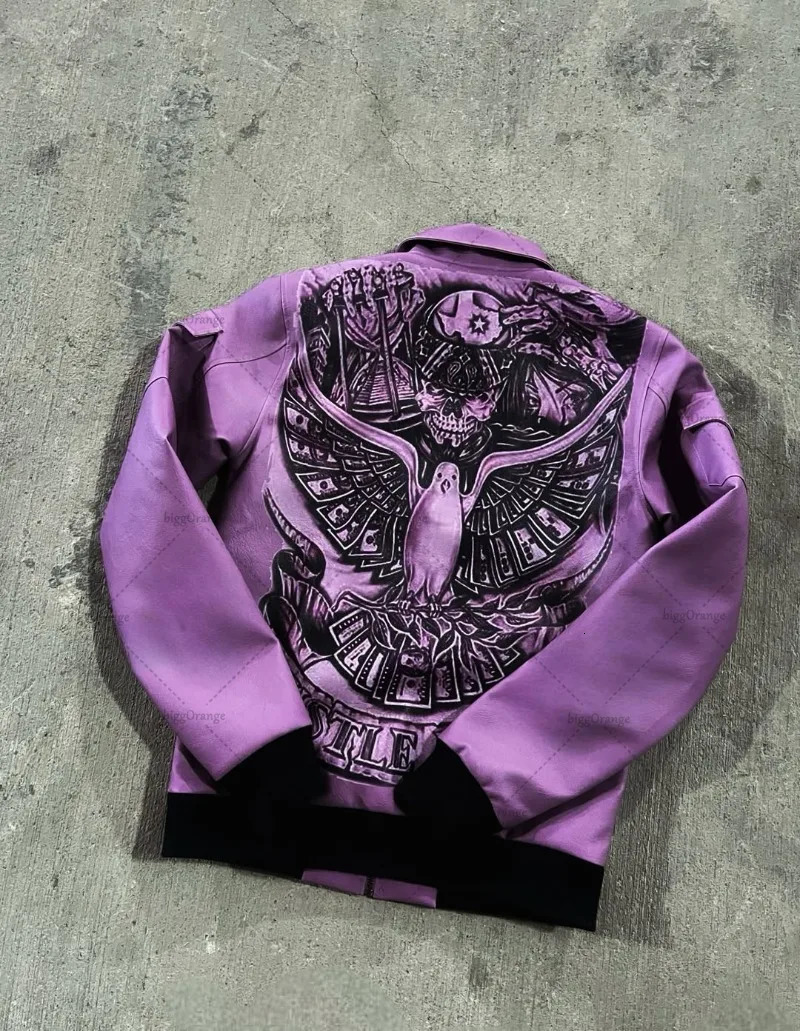 European and American Retro Jacket Demon Letter Purple Oversized Jacket Men Y2K Multi-pocket Splicing Zipper Jacket Men 250712