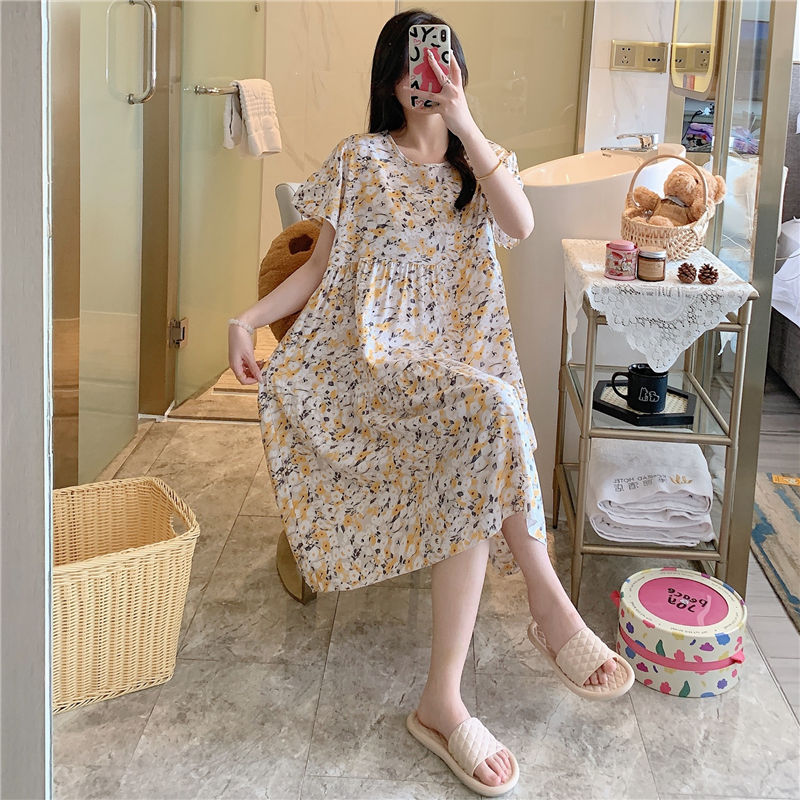 B967-Spring and autumn casual short-sleeved large-size printed pajamas summer thin high-end touching cotton home clothes