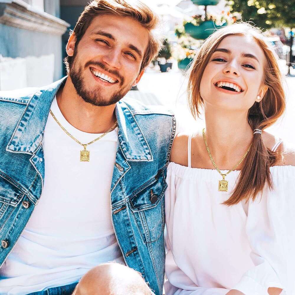 Initial Letter Pendant Necklace for Men Women 14K Gold Plated Square Capital Monogram Necklace Alphabets From A-Z Figaro Chain Punk Jewelry