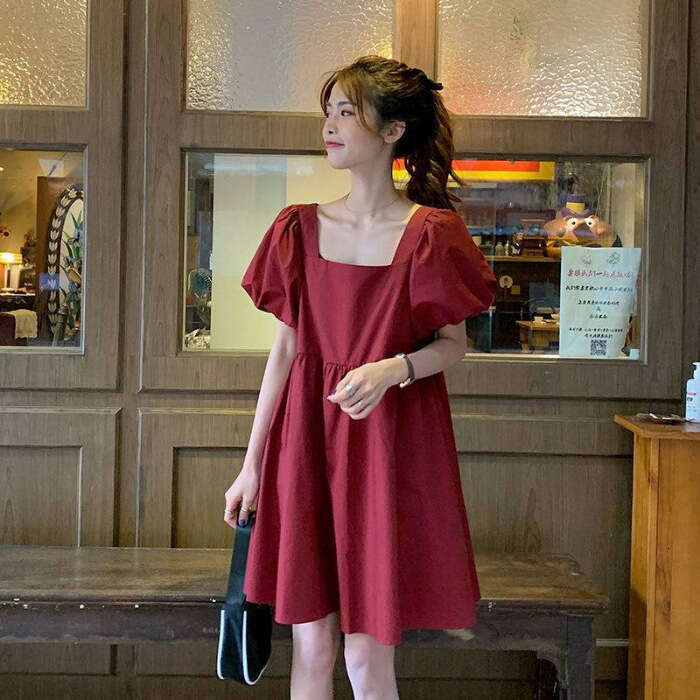 Summer Korean Version Sweet Loose Puff Sleeve Square Neck Style Slimming Petite French Dress B5