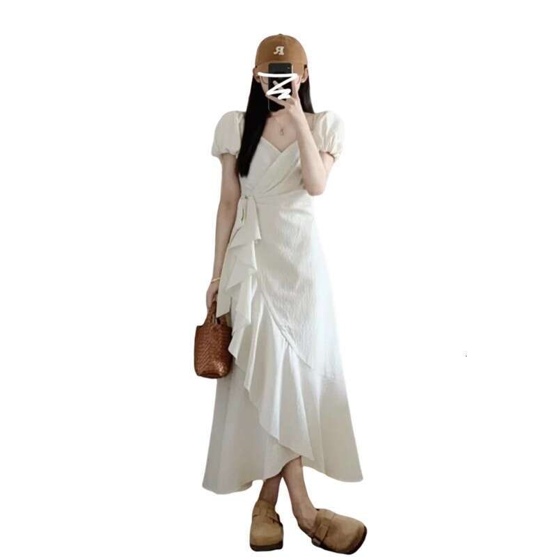 French Style White High-End Elegant For Women Summer New Small Irregular Design Long Dress B5