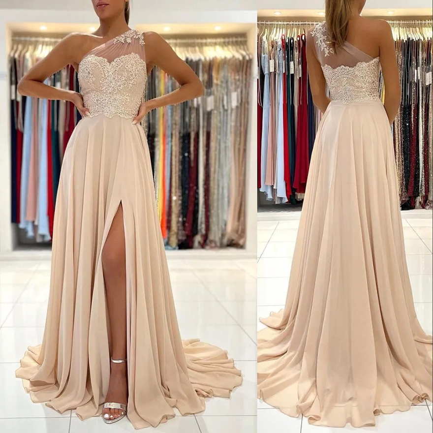 2025 Bridesmaid Dresses Simple Champagne One Shoulder with Sheer Appliques Lace Chiffon Side Split Long Maid of Honor Gowns Prom Evening Dress Floor L