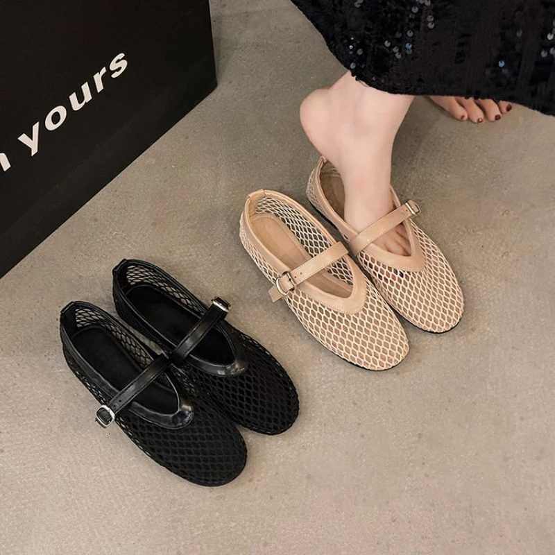 Fishnet Ballet Flats Woman Chic Brand Design Hollow Out Lace Mary Jane Shoes Ladies Summer Sandals Breathable Mesh Shoes XJ250712
