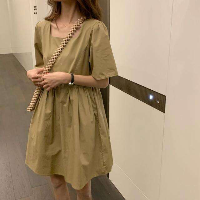 Summer Korean Version Sweet Loose Puff Sleeve Square Neck Style Slimming Petite French Dress B5
