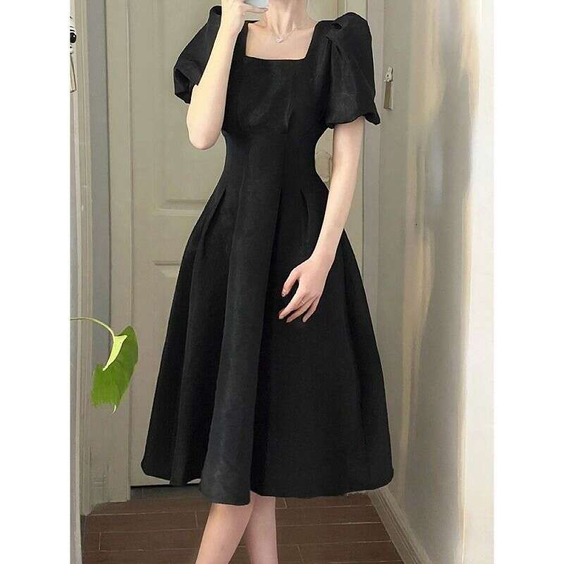 Puff For Women Summer Long New Style Petite French Waist Slimming Short Sleeve Black Dress B5