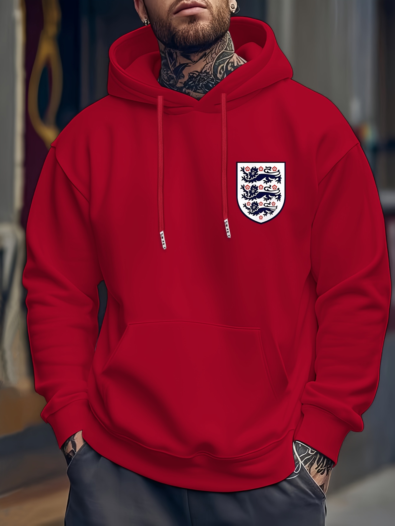 Men's Casual Hooded Sweatshirt with England Flag Print - Winter Pullover, Regular Fit Hoodie for Casual Attire, Sweater Hoodie