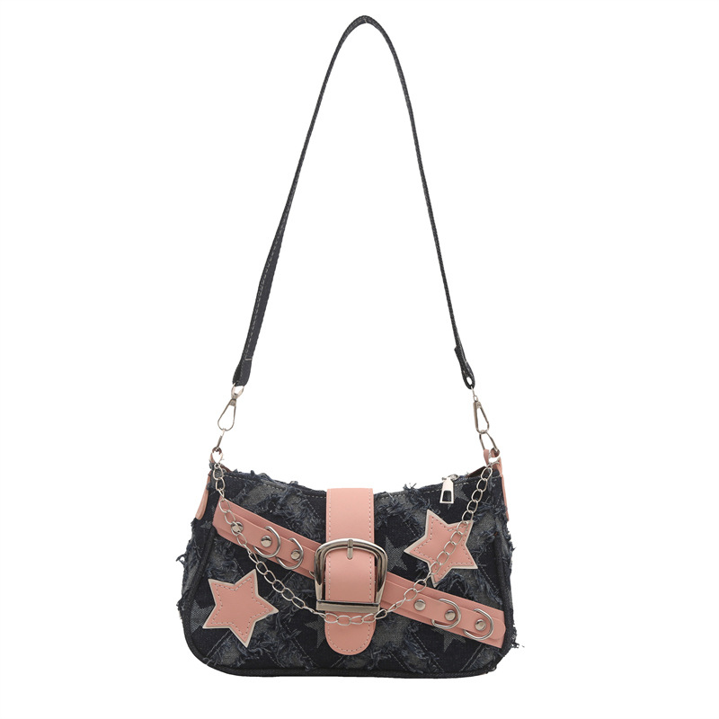 Fashion Cool Girls Denim Shoulder Crossbody Bags Vintage Chain Women's Underarm Bag Y2k Star Portable Female Hobos Handbags