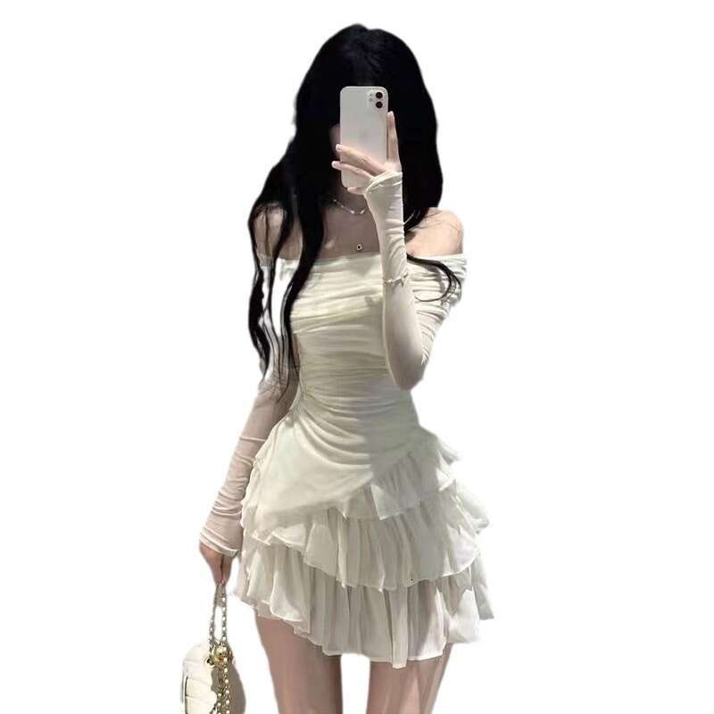 Pure Desire Sweet And Spicy Dress For Women Slim Fit Long Sleeve Off-Shoulder Top Hot Girl High Waist Cake Short Skirt Two-Piece Set B5