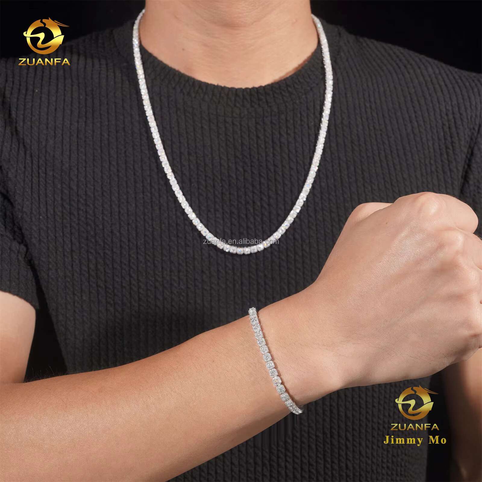 New Design Elegant Claw Setting 4mm 925 Solid Silver Hip Hop Jewelry D VVS Moissanite Diamond Cluster Tennis Chain Bracelet Set