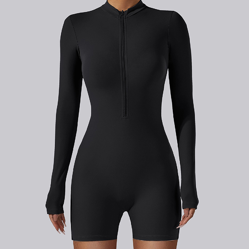 Women's New Open Collar Zip-up Long-sleeve Romper Shorts | Sexy Fitted Yoga Outfit for Dance, Fitness & Workout