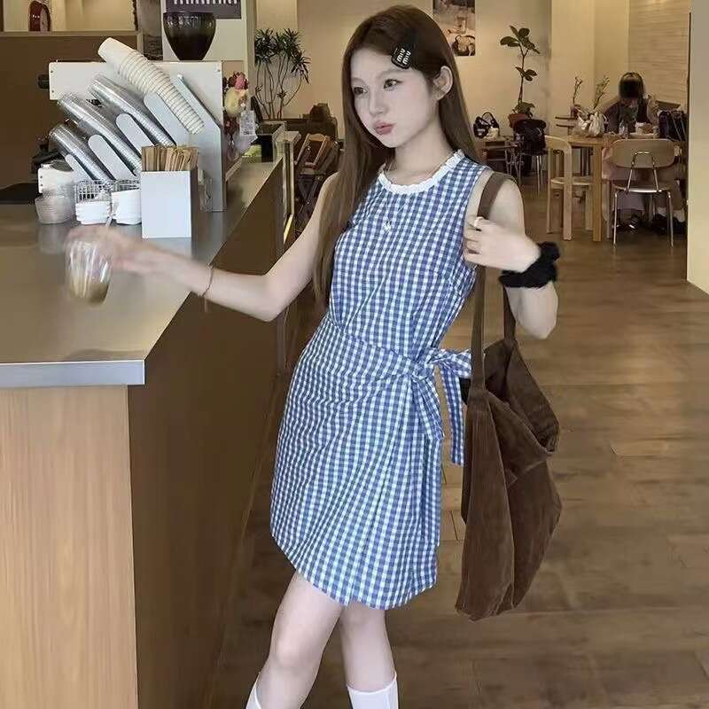 French Blue Plaid Vest For Women Summer New Small Petite Elegant Waist-Cinching A-Line Short Dress B5