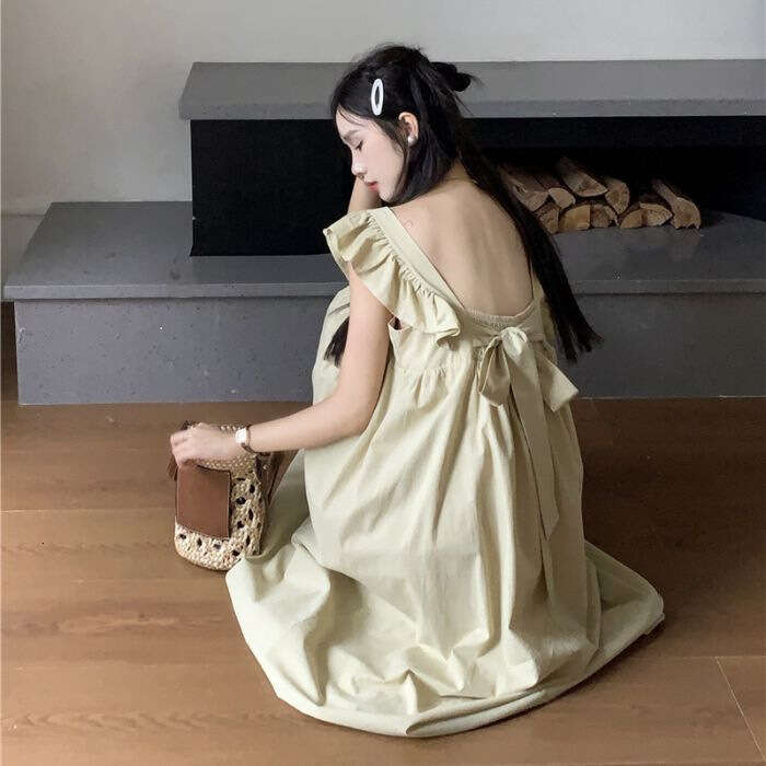 Gentle Style Lace-Up Bowknot For Women Summer Sweet Small Flutter Sleeves Elegant Waist-Cinching Slimming A-Line Long Dress B5