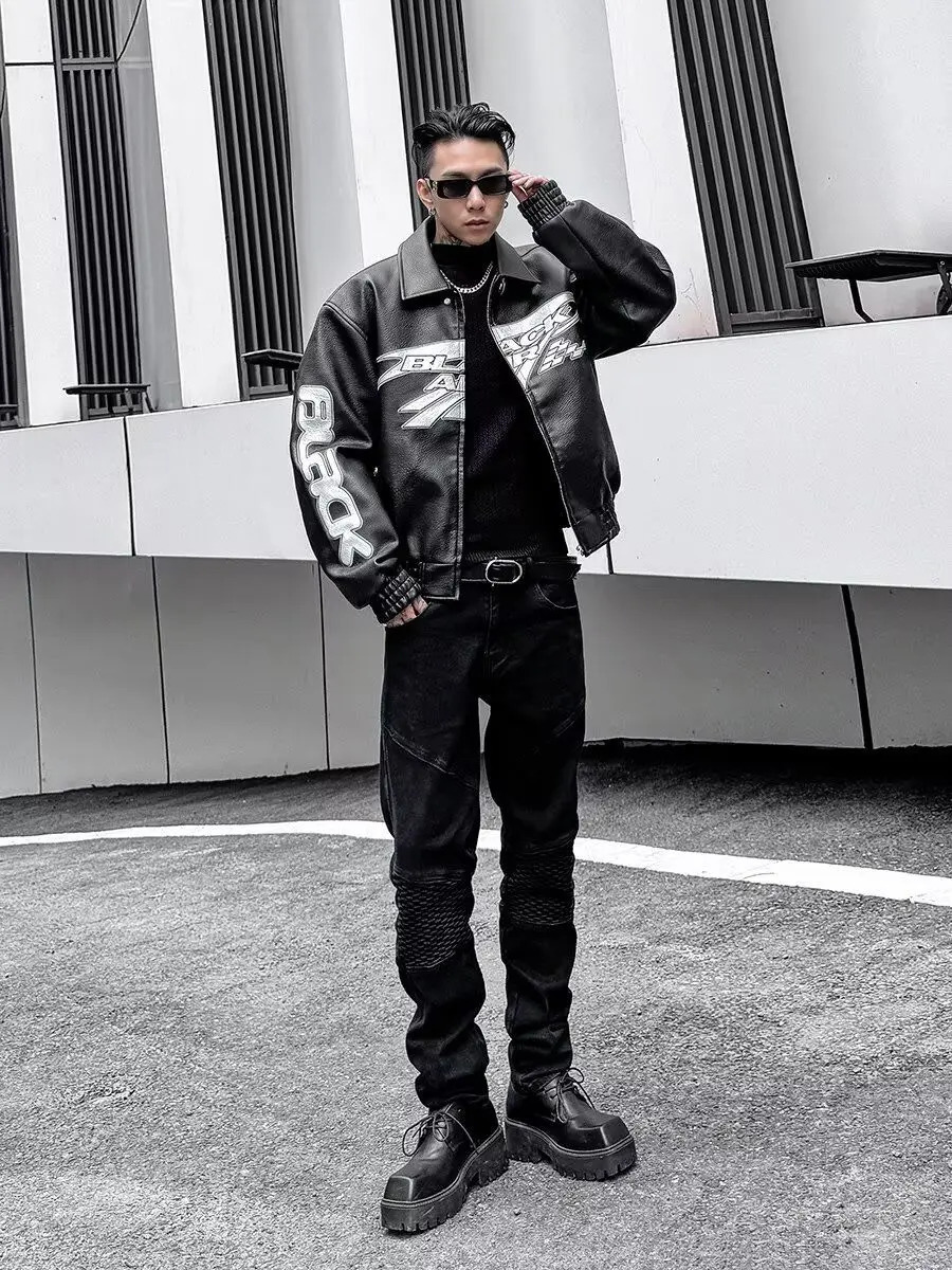 Autumn Winter Punk Coat Embroidery Motorcycle Suit PU Leather Jacket Mens High Street Retro Niche Silhouette Heavyweight Jacket 250708