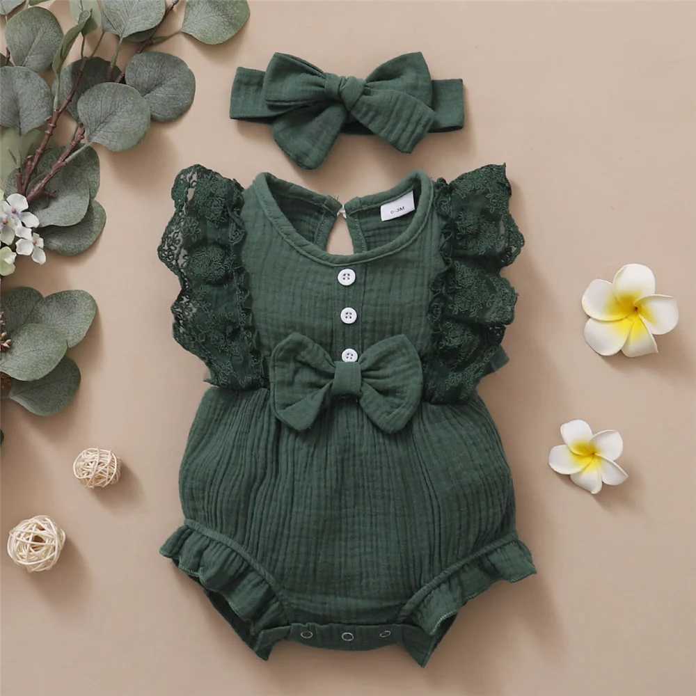 0-18 Months Old Newborn Solid Color Sleeveless Round Neck Lace Edge Bow Romper + Headband Baby Girl Summer New Casual Jumpsuit XJ250712