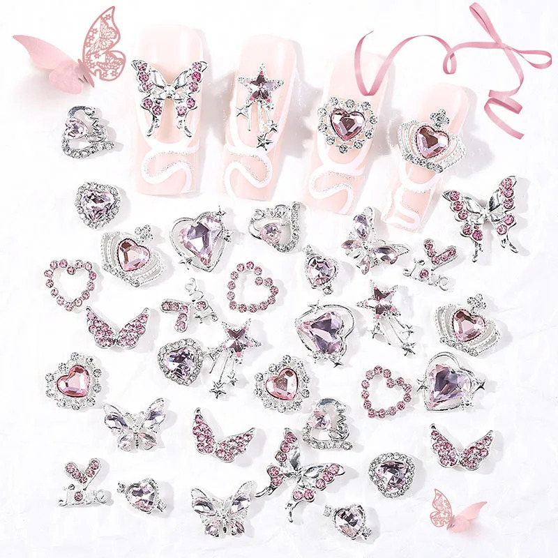 24PCS Star Nail Charms Silver Gems Pink Nail Rhinestones For Nails DIY Multi Style Nail Art Decoration Accessories Nail Supplies 250703