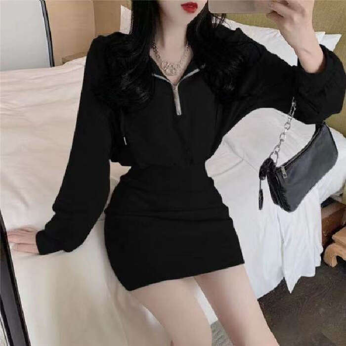 Autumn Winter New Mature Style Waist Slimming Petite Dress Women Long Sleeve Hooded Base Sweatshirt B5