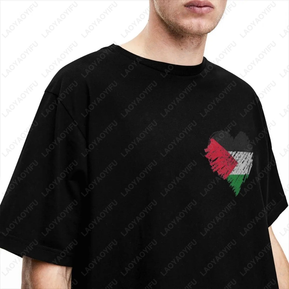 Palestine Palestinian Heart Scribble Vintage Men T-Shirt Streetwear Printed Fashion Short Sleeve Casual O-Neck Pure Cotton Tops