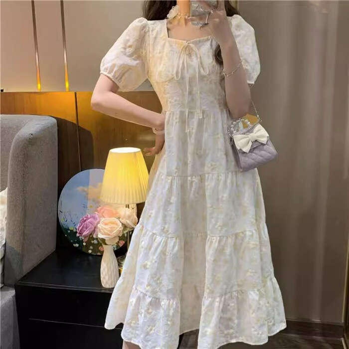 French Apricot Floral For Women Summer New Gentle Style Petite High-End Waist-Cinching Long Dress B5