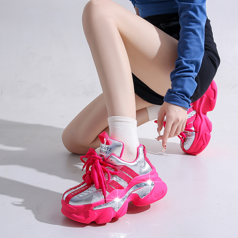 10CM New 2025 Spring Women Chunky Sneakers Heels Lace-up High Platform Casual Shoes Woman Fashionable anti slip sports shoes Leather Outdoor running s