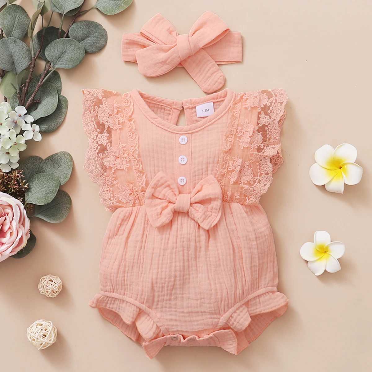 0-18 Months Newborn Baby Girl Plain Soft Bodysuit Lace Flared Sleeve Summer Romper with Headband Toddler Baby Girl Clothing XJ250712