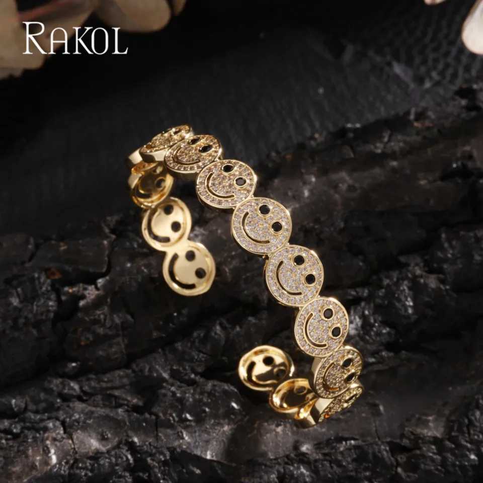 RAKOL Stylish Round Smile Cuff Bangle Copper Gold Plated Cubic Zirconia Charm Party Jewelry For Women Men Gifts Z250711