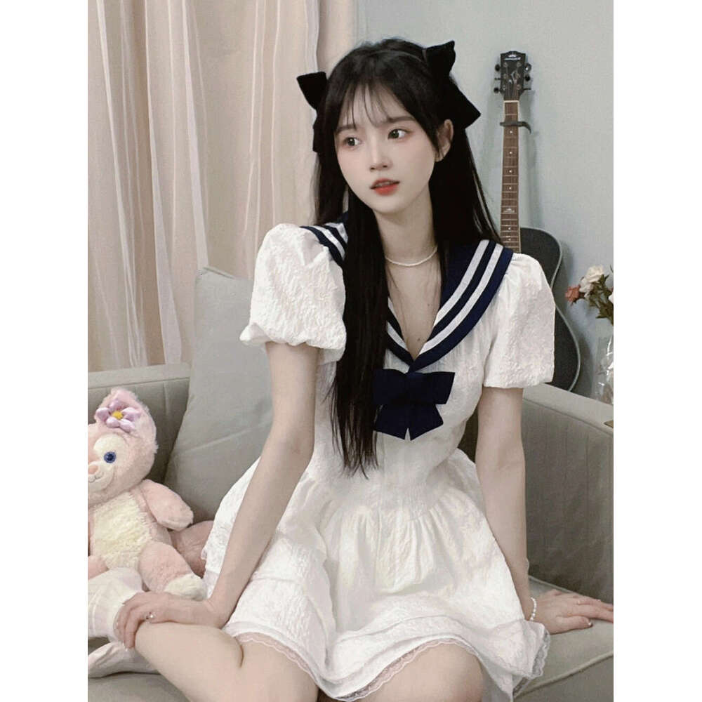 Navy Style Doll Waist-Cinching A-Line For Women Summer Hot Girl Princess Puffy Little White Dress B5