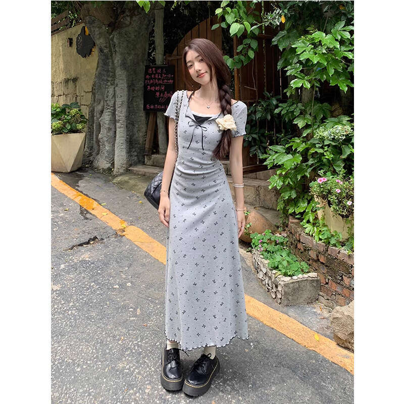 French Style Gray Printed Short Sleeve For Women Summer Petite Waist Slimming Fake Two-Piece Dress B5