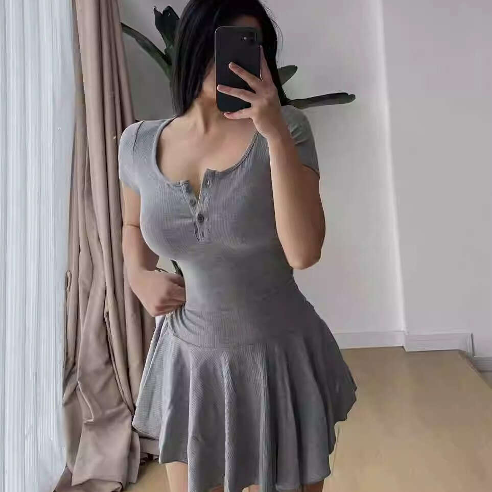 Women's Clothing Petite Gray U-Neck Sleeve Sexy Pure Desire Waist-Cinching Short College Style Fashionable Age-Reducing A-Line Skirt B5