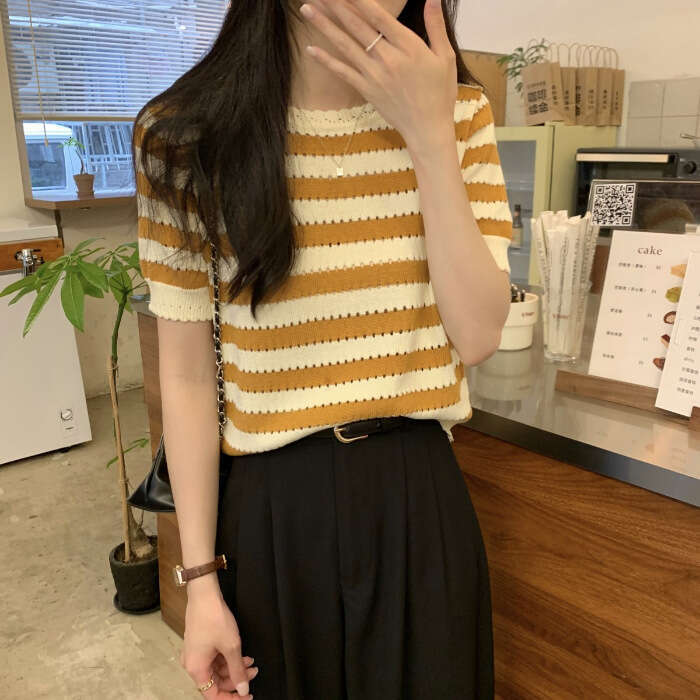 Korean Style Black And White Striped Hollow Design Elegant Versatile Short Sleeve Knitted For Women Summer High-End Feel Women's Top B5