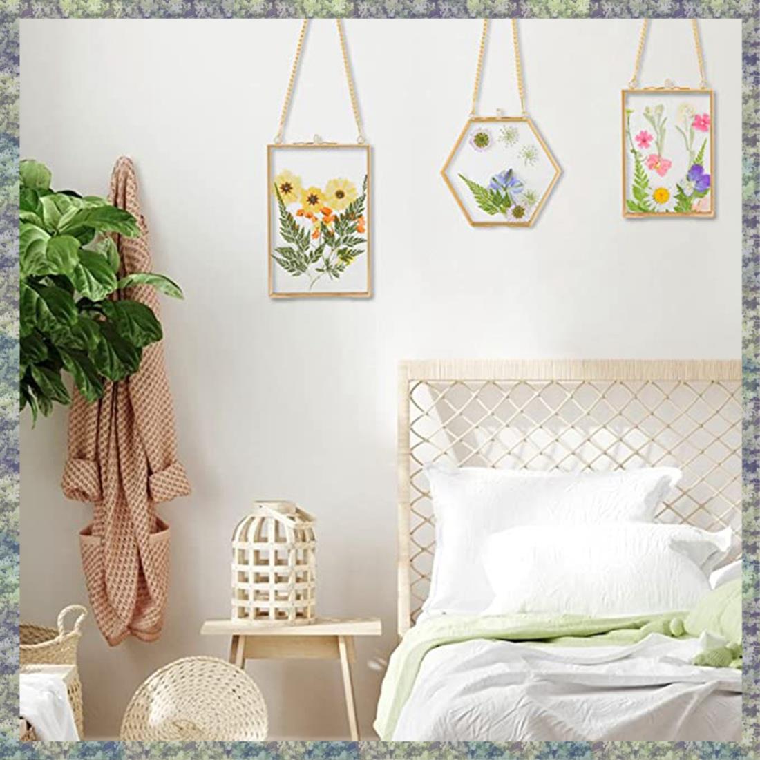 WON 3 Packs Pressed Flowers Frames- Golden Hanging Glass Picture With Chain Floating DIY Artwork Display Frames H260306