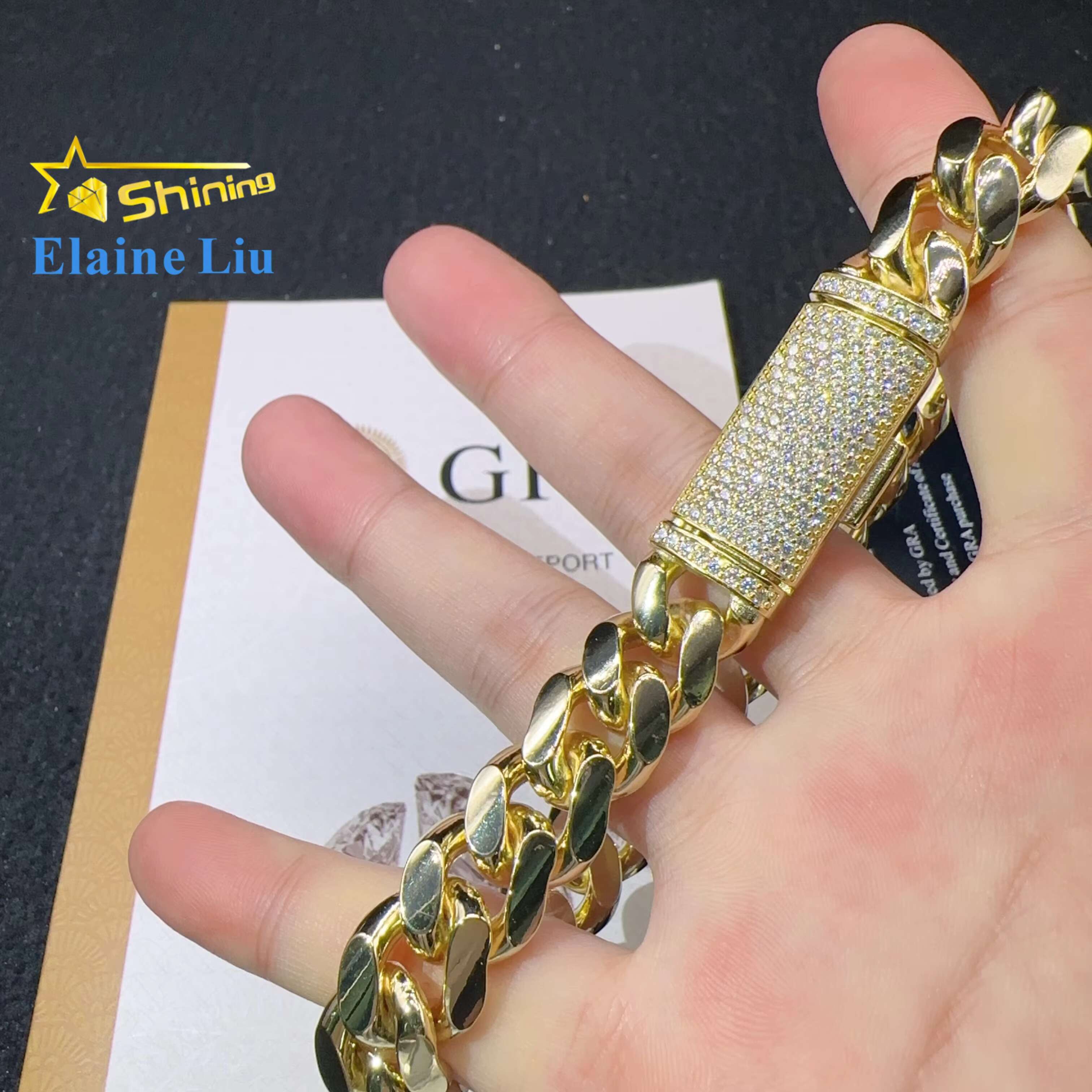 Fashion Sterling Silver 925 VVS Moissanite Lab Diamond Clasp Hip Hop Jewelry 14K Real Gold Plated Cuban Link Chain Bracelet