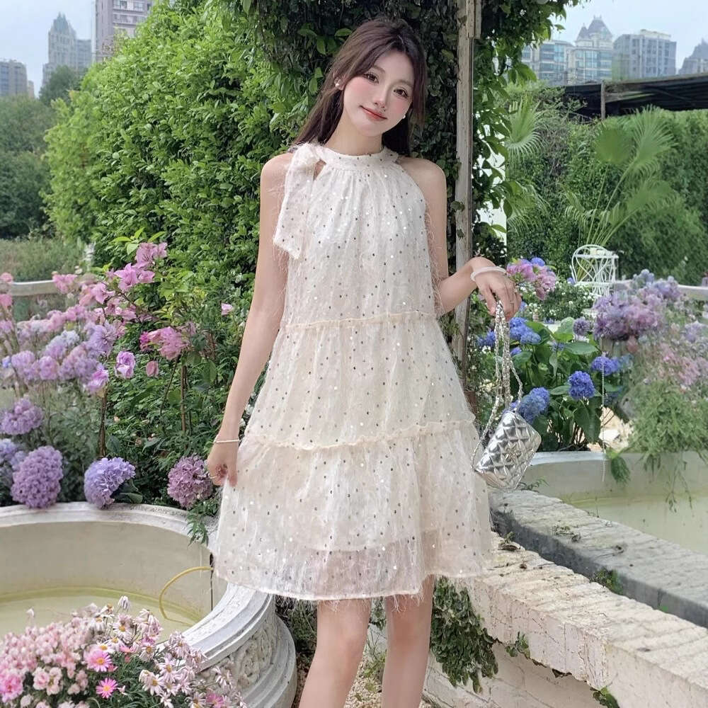 Bow Tie Halter For Women Summer French Style Petite Elegant Sleeveless Princess Doll Midi Dress B5