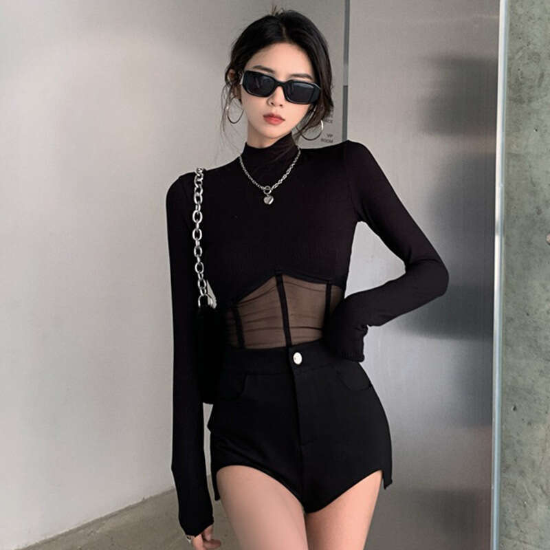 Korean Style Spicy Girl Mesh T-Shirt For Women, Spring And Summer New Black Long Sleeve Half High Collar Base Shirt, Short Inner Top B5