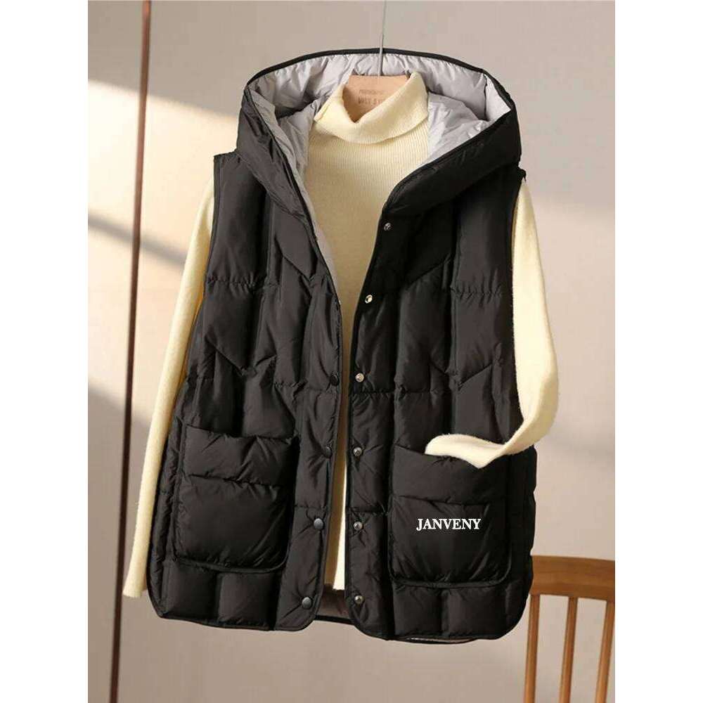 Janveny 2025 New Fashion Hooded Down Sleeveless Vest Women Lightweight Seamless White Duck Feather Puffer Short Waistcoat