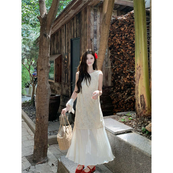 Summer New French Vacation Style Lace Embroidered Mid-Length Sleeveless Tank Dress Women's Chic B5