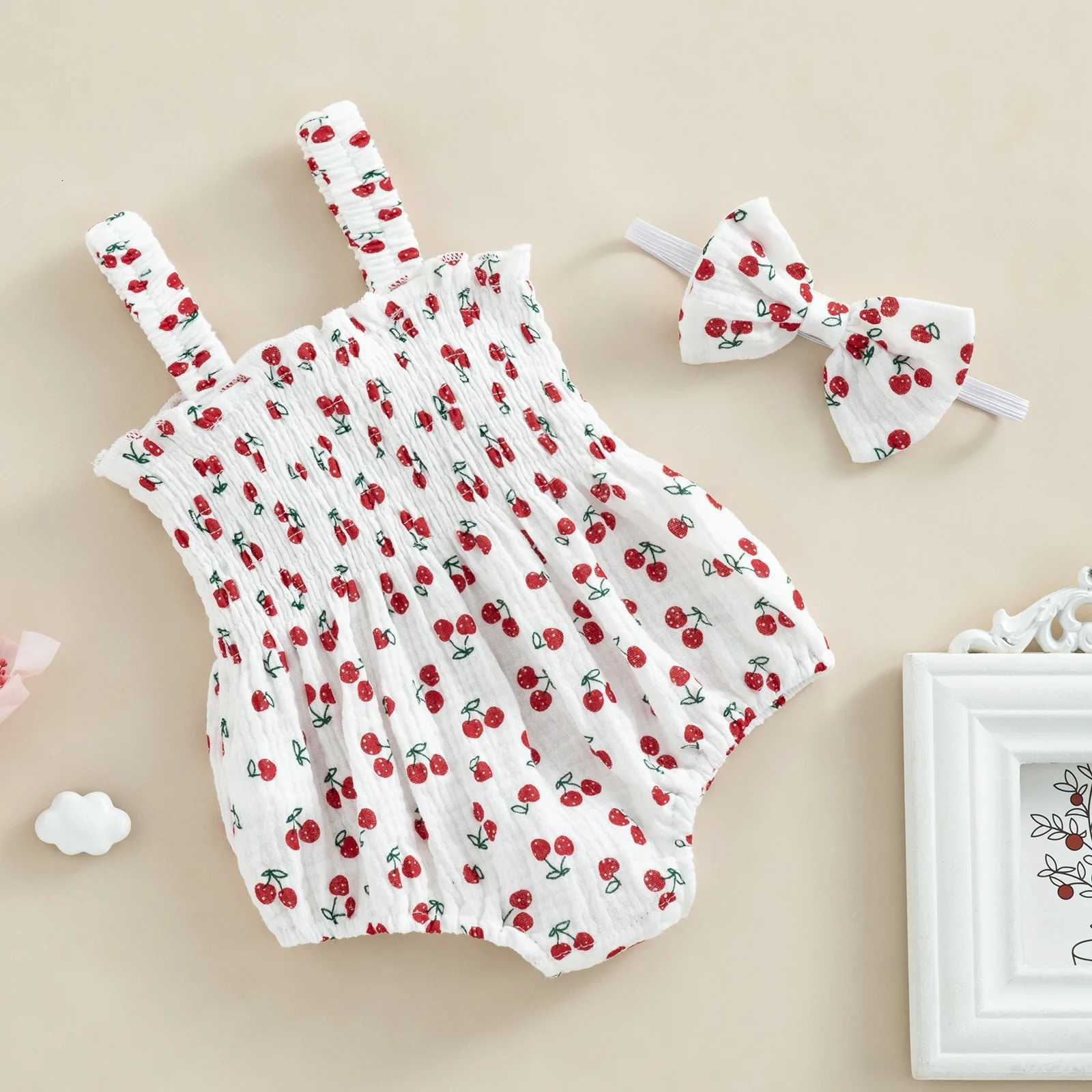 pudcoco Infant Newborn Baby Girl 2Pcs Summer Outfits Sleeveless Cherry/Carrot/Tree Print Romper with Headband 0-18M XJ250712