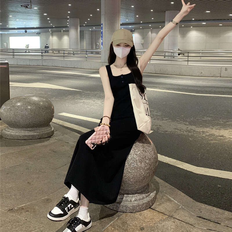 Black Strap Spring Summer For Plus Size Women Slimming Base Layer Pure Desire High-End A-Line Long Dress B5