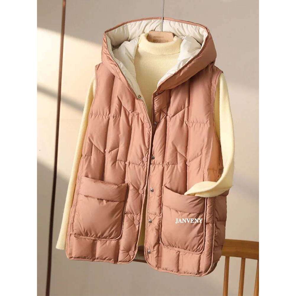 Janveny 2025 New Fashion Hooded Down Sleeveless Vest Women Lightweight Seamless White Duck Feather Puffer Short Waistcoat